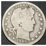 1909 Barber Silver Quarter