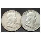 1961 & 1962 Denver Franklin Silver Half Dollars
