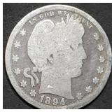 1894-S Barber Silver Quarter, Better Date