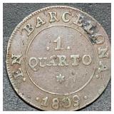 1809 Barcelona Spain 1 Quarto Coin Napoleonic
