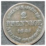 1841 German States 2 Pfennige Copper Coin