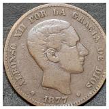 1877 Spain 10 Centimos Copper Coin Nice