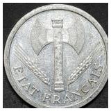 1943 Vichy France 2 Francs World War 2 Issue Coin