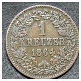 1864 German States 1 Kreuzer Coin High Grade