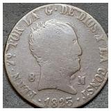 Scarce 1825 Spain 8 Maravedis Copper Coin