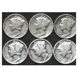 6 Nice Mercury Silver Dimes