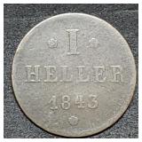 1843 German States 1 Heller Copper Coin