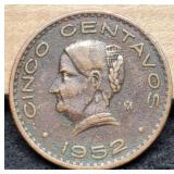 1952 Mexico 5 Centavos Large Bronze Coin