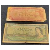 (2) Canada Banknotes: 1954 $1, 1974 $2