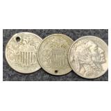 (3) Nickels 2 Shield Holed, 1936-D Buffalo
