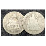 (2) Liberty Seated Dimes 1887-S, 1891