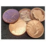 (5) Different 1 Troy Oz. Copper Rounds