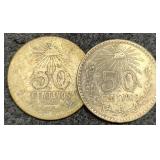 (2) Mexico 50 Centavos Silver 80%/12.5 G