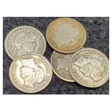 (5) Barber Dimes 1892, 04, 05, 2-- 06