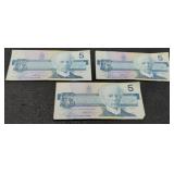 (3) 1986 Canada $5 Banknotes