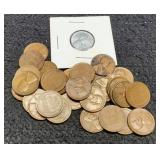 Lot w/ 31 L.  Wheat Cents inc/ 1943 Unc.