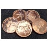 (5) Different 1 Troy Oz. Copper Rounds