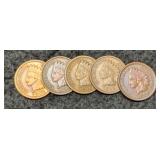 (5) Indian Head Cents 1895, 96, 97, 98, 99
