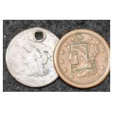 (2) Large Cents Holed 1842, 1854