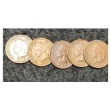 (5) Indian Head Cents 1895, 96, 97, 98, 99