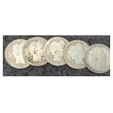 (5) Barber Quarters 1899, 02, 06-D, 08-O, 14