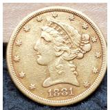 1881 $5 Gold Liberty Half Eagle XF