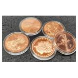 (5) Different 1 Oz. Copper Rounds BU In Capsules