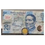 Lot w/ Mexico 20 Peso 2012 Banknote & 2013 $1 Coin