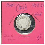 1908-D Barber Silver Dime