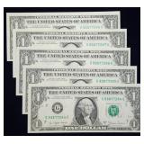Set of 5 Consecutive 1977 A $1 FRN Banknotes