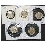 5 Nice Buffalo Nickels in Holders 1921, 1925,
