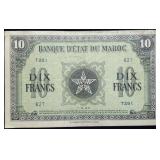 1943 Morocco World War 2 10 Francs Banknote