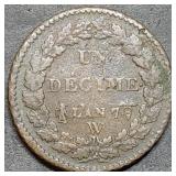 1798 France First Republic 1 Decime Copper Coin