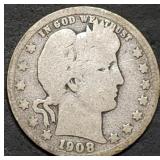 1908-O Barber Silver Quarter