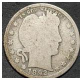 1892 Barber Silver Quarter