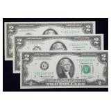 Set of 3 Consecutive $2 Banknotes, Crisp Unc CU