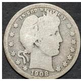 1908-D Barber Silver Quarter
