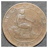 1870 Spain 10 Centimos Copper Coin