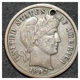 1892 Barber Silver Dime, High Grade, Holed