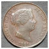 1861 Spain 25 Centimos Copper Coin Nice