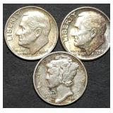 1944 Mercury Dime & 2 Silver Roosevelt Dimes
