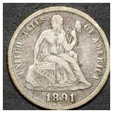 1891 Seated Liberty Silver Dime Nice