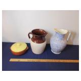 (2) Pottery Pitchers & (1) McCoy Covered Dish