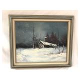 Vintage Rozario Oil Painting Winter Barn