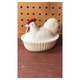 Antique Rooster on Nest Milk Glass