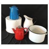 Enamelware (2) Coffee Pots, Large Pitcher, Pot Enamelware (2) Coffee Pots, Large Pitcher, Pot