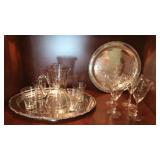 (2) Silver Trays, Water Pitcher (4) Glasses, (4)