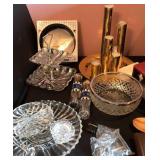 Clear Platters, Gold Tray with Candles, Clocks