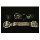 4 Pcs of Jewelry:  Watch Band, 2 Rings with Turquo