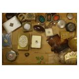 Flat of Vintage Hair Pins, Face Powder Compacts,